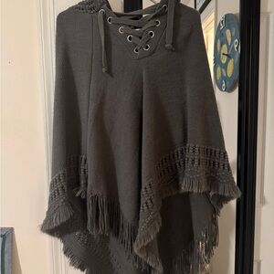Taupe Hooded Lace-Up Sweater Poncho - one size fits all